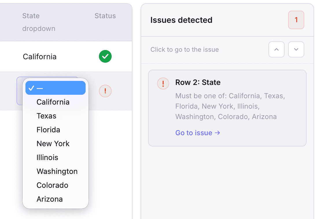 Filio issues panel showing validation errors with one-click navigation to the problematic cell