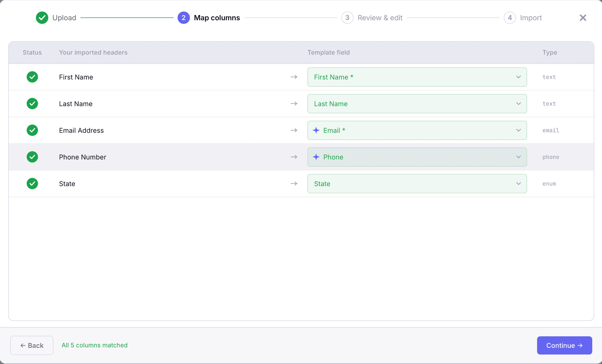 Filio importer mapping step with all five columns matched automatically